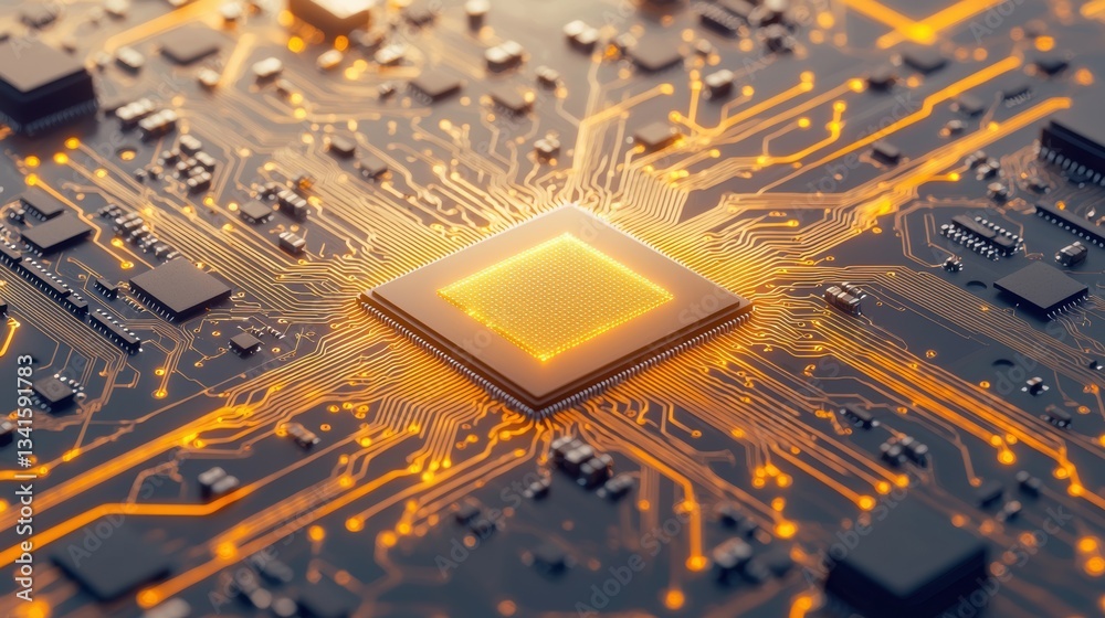 Fototapete Close-up view of a powerful microchip surrounded by glowing circuits, symbolizing advanced technology and innovation in computing.