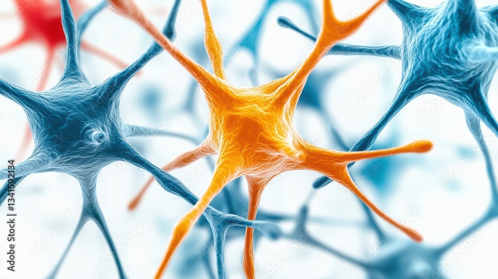 Poster Close-up view of colorful neurons highlighting their complex structures and connections within the human nervous system.