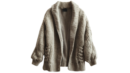 The image shows a beige, knitted cardigan with a shawl collar, open front, and pocket details on a simple backdrop.