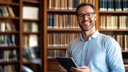 Smiling man library tablet books education