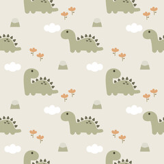 Dinosaur green cartoon so cute. On mountain cloud flower background. Pattern seamless vector illustration. 