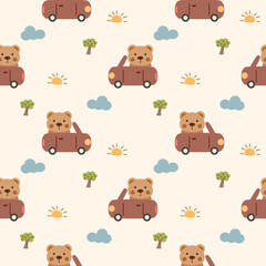Bear in car cartoon so cute. On tree cloud sun background. Pattern seamless vector illustration. 