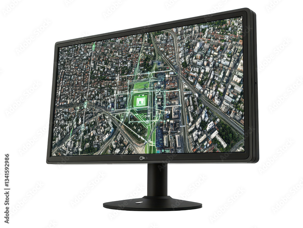 Wall mural high resolution computer monitor displaying detailed city map with urban layout, technology visualiz