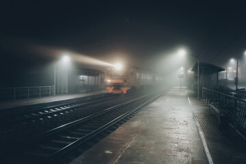 Foggy railway station, railroad tracks in the fog, moving train, motion blur