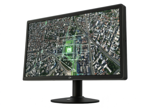 High Resolution Computer Monitor Displaying Detailed City Map with Urban Layout, Technology Visualization and Digital Information Graphics