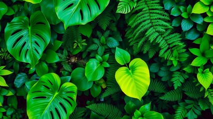 Lush Green Foliage Background Featuring Monstera, Ferns, and Various Tropical Plants