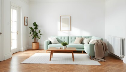 Minimalist living room, light gray couch, wooden floor, large window, natural light, potted plant, floor lamp, throw blanket, white walls, scandinavian design, clean lines, airy space