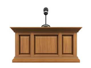 Detailed and Elegant Wooden Courtroom Podium with Microphone Ready for Legal Proceedings and Public Speaking Events in a Modern Judicial Environment