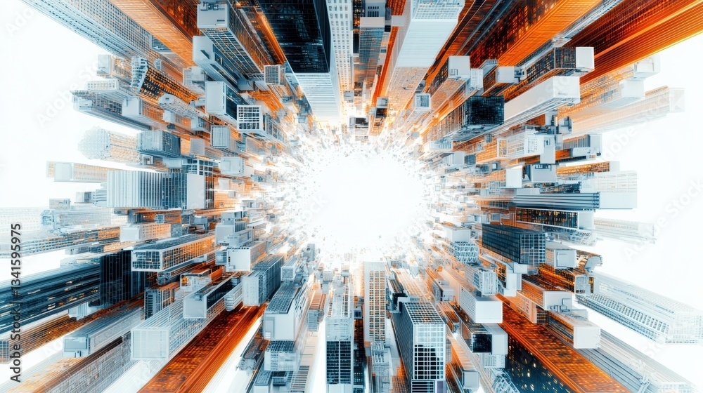 Aufkleber Futuristic cityscape with interconnected skyscrapers creating a vibrant urban explosion of structures and light, symbolizing progress.