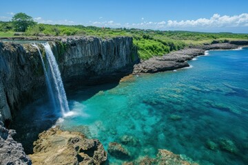 Majestic Waterfall Cascading into Clear Turquoise Waters Surrounded by Lush Green Landscape