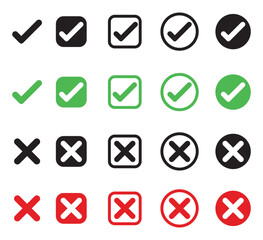  check mark and red cross icon set. Circle and square. Checkmark Illustration. Vector symbols set ,checkmark. Vector illustration.