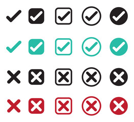  check mark and red cross icon set. Circle and square. Checkmark Illustration. Vector symbols set ,checkmark. Vector illustration.