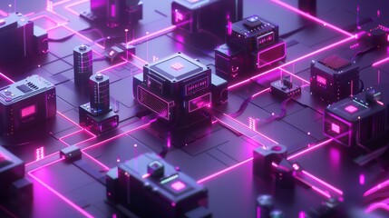 A virtual network of interconnected servers and cloud systems with flowing data and digital nodes