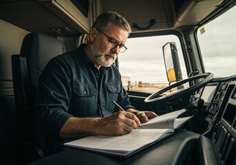 Man filling out log book inside truck cabin. Driver lifestyle and transportation job. Commercial shipping and delivery. Background for banner, poster, advertising