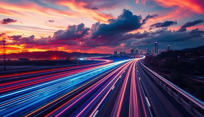 Obraz premium Vibrant sunset cityscape, long exposure highway lights, colorful light trails, dramatic sky, urban landscape, dynamic composition, neon colors, motion blur, futuristic city