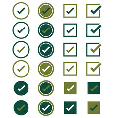 Check mark icon set with editable strokes. Accepted, rejected, approved, disapproved, right, wrong, correct, false, true, done symbols. 