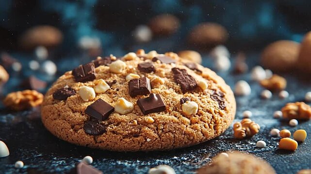 Close-up of a delicious chocolate chip cookie on a textured blue background