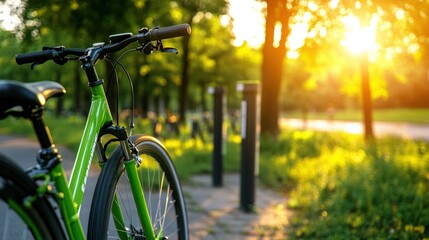 Naklejka premium Vibrant green bicycle parked on a sunlit paved path in a warm, inviting park surrounded by lush trees and greenery at sunset, nature's serene beauty.