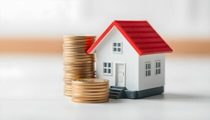 small house model, red roof, white walls, stacks of gold coins, real estate investment, property value, miniature, financial concept, savings, mortgage, home ownership, wealth building