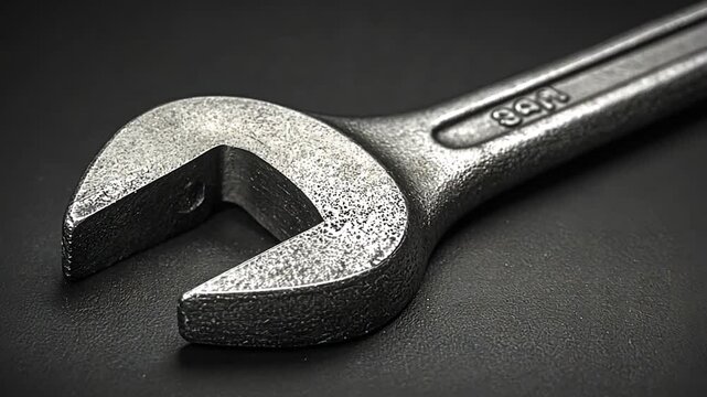 Close-up of a metallic adjustable wrench on a dark background, showcasing its texture and design, ideal for tools and repair themes