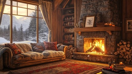 Fototapeta premium A cozy winter retreat with a warm fireplace.