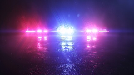 Blurred scene of police emergency lights illuminating a crime investigation area