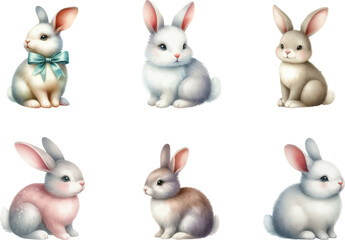 Obraz premium Easter bunnies collection. Watercolor cute Easter bunny . Happy Easter. Cute rabbit with a bow . Rabbit and hare colorful vector animals set.