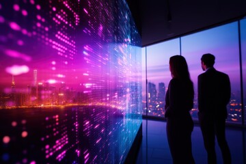 A stunning view of a city skyline illuminated at night, contrasted by a vibrant digital display, capturing a moment of awe and inspiration.