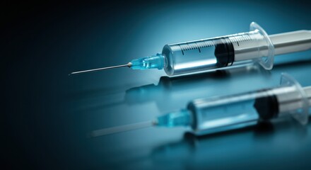 Close-up of medical syringes with clear liquid on a dark background
