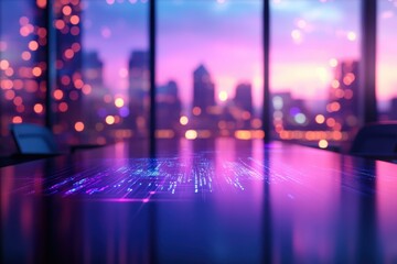 A futuristic conference room with a digital display on the table, showcasing vibrant colors and city lights in the background during twilight.