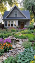 A delightful home featuring a beautiful flower garden and a tranquil pond, all set in a peaceful neighborhood bathed in the warm glow of late afternoon sunlight