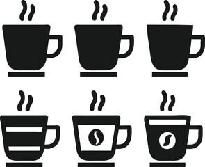 A seamless repeating pattern of black silhouette coffee cups and saucers with steam rising.