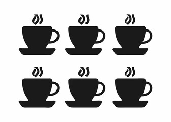 A seamless repeating pattern of black silhouette coffee cups and saucers with steam rising.