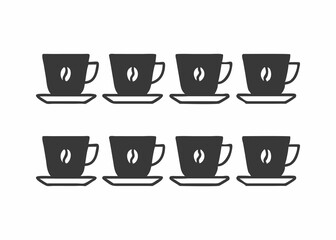 A seamless repeating pattern of black silhouette coffee cups and saucers with steam rising.