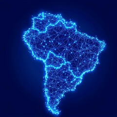 Digital illustration of Brazil's map created with glowing blue data streams and nodes, set against a deep navy-blue background, emphasizing a futuristic aesthetic.