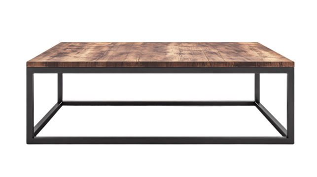 Modern coffee table features a wood top and metal frame