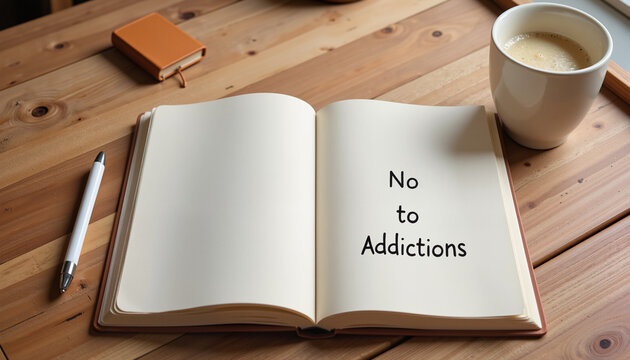 Mindful journaling on a wooden desk with calming tea, self-reflection