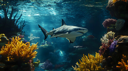 Fototapeta premium A shark swimming in clear blue water with yellow coral in the foreground. 