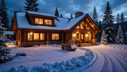 Cozy log cabin illuminated in snowy evening, winter resort ambiance