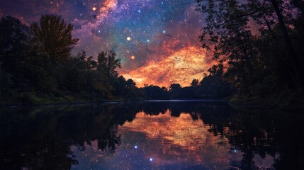 Obraz premium Majestic starry sky reflecting on calm lake surrounded by dark woodland