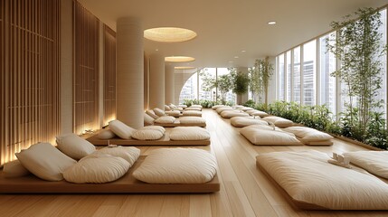 Fototapeta premium Tranquil Yoga Studio with Soft Cushions, Natural Light, and Refreshing Air Purification System