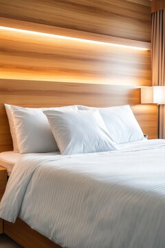 Cama de hotel con almohada presionada en un ambiente moderno y acogedor