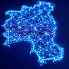 Futuristic South Korea Map, vibrant digital design featuring bright blue data nodes and network lines, glowing against a dark blue backdrop, exuding a sophisticated modern atmosphere