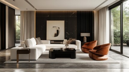 Modern Living Room Interior Design with Beige Sofa and Brown Armchairs