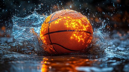 Photorealistic Basketball Suspended in Mist, Surrounded by Splashing Water Effects