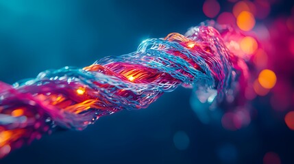 A vibrant, multicolored bundle of electrical wires intricately tangled and illuminated with warm glowing lights against a dark blue background creating an abstract and artistic