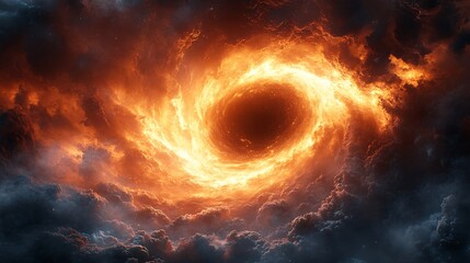 Vibrant Photorealistic Vortex with Fiery Funnel in Dramatic Cloudy Sky