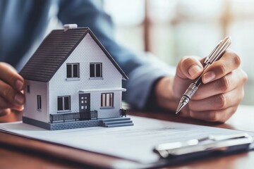 Fototapeta premium Hands Holding Model House on Signing Document in Real Estate Purchase Agreement