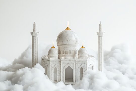 A white marble mosque is surrounded by fluffy white clouds - Powered by Adobe