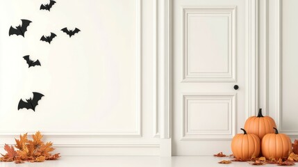 Halloween Door with Decoration: Capturing a cozy and festive atmosphere, the image shows a detailed view of a door decorated with pumpkins and silhouettes of bats, against an elegant interior setting.